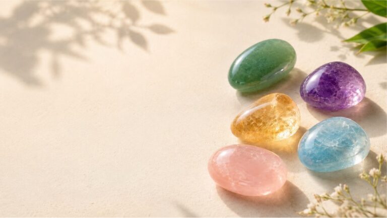 Assorted polished gemstones — jade, amethyst, citrine and quartz — arranged on cream linen