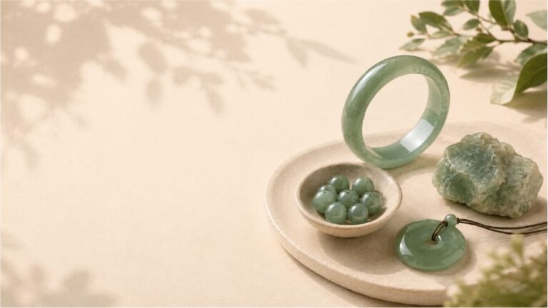 Jade bangle, jade beads and a raw jade stone on a ceramic tray