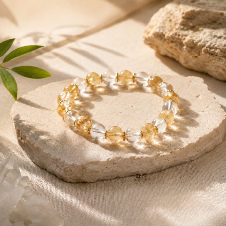 Citrine and rock quartz bead bracelet on a pale stone slab